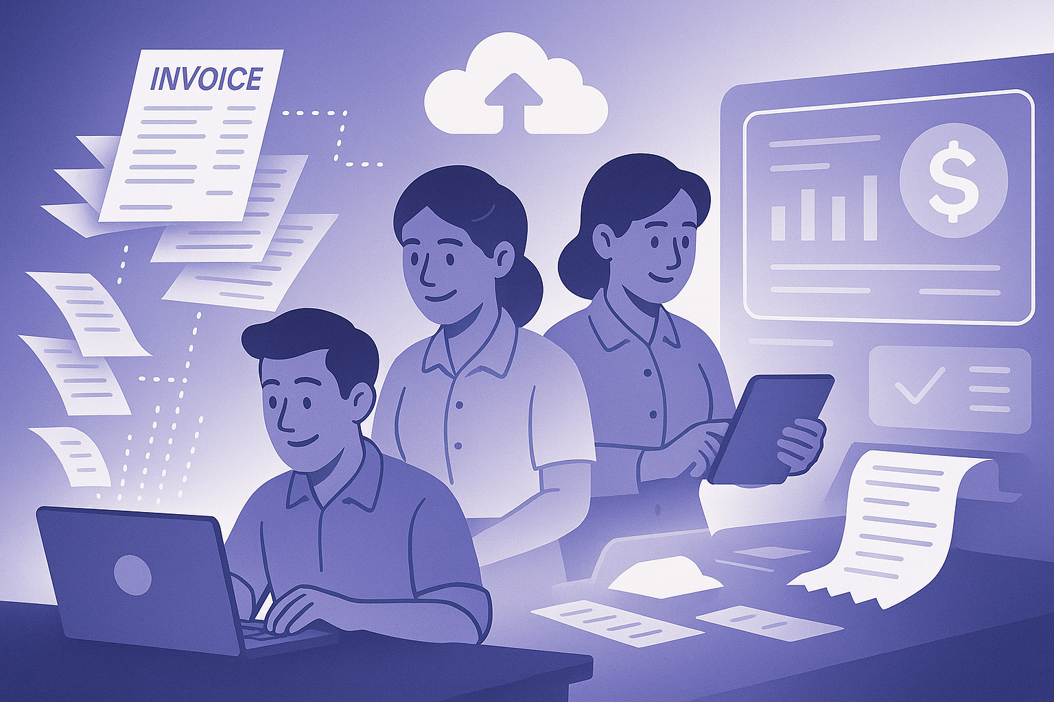 Small business owners going paperless with ManageKaro using digital invoices and cloud dashboards in indigo and white gradient theme