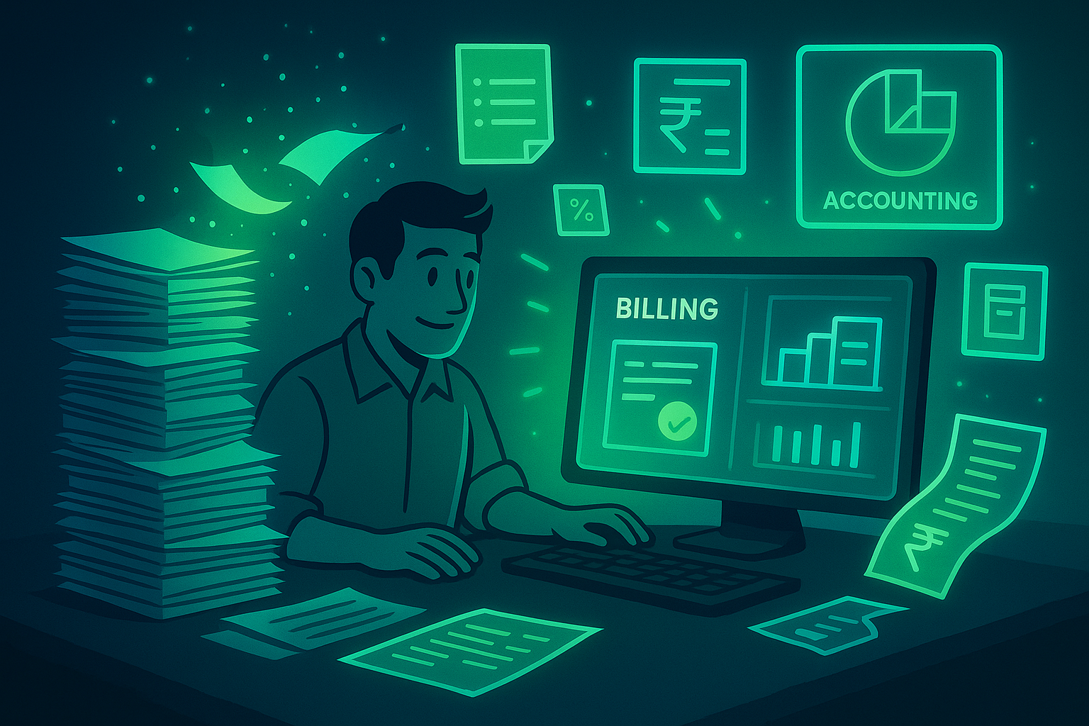 Small business owner reducing manual work as paper stacks transform into digital dashboards using ManageKaro in a blue–green cinematic theme