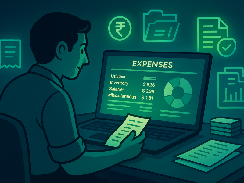 Small business owner reviewing categorized expenses on a glowing ManageKaro expense dashboard with blue–green financial icons