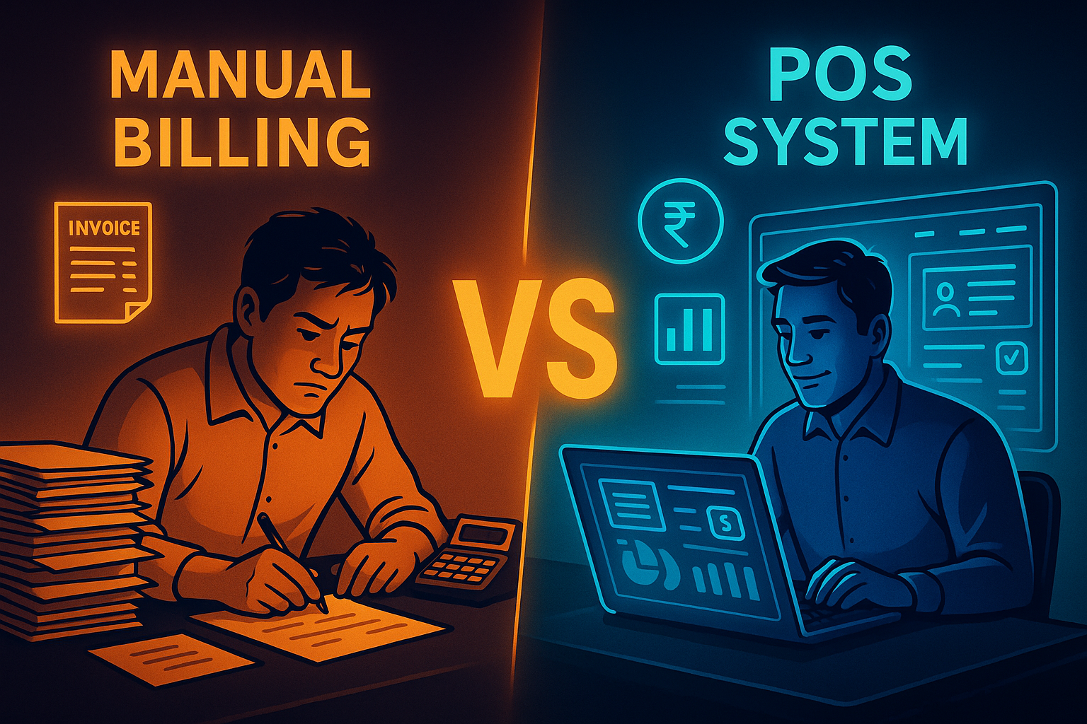 Manual billing versus POS system comparison showing a small business owner using paper invoices on one side and a digital POS dashboard on the other