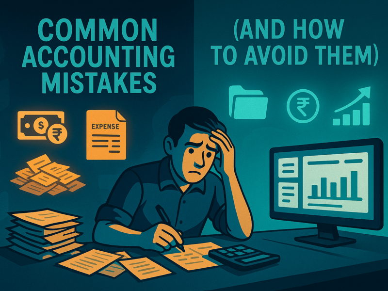 Small business owner overwhelmed by accounting mistakes on one side and using a digital financial dashboard to manage accounts accurately on the othe