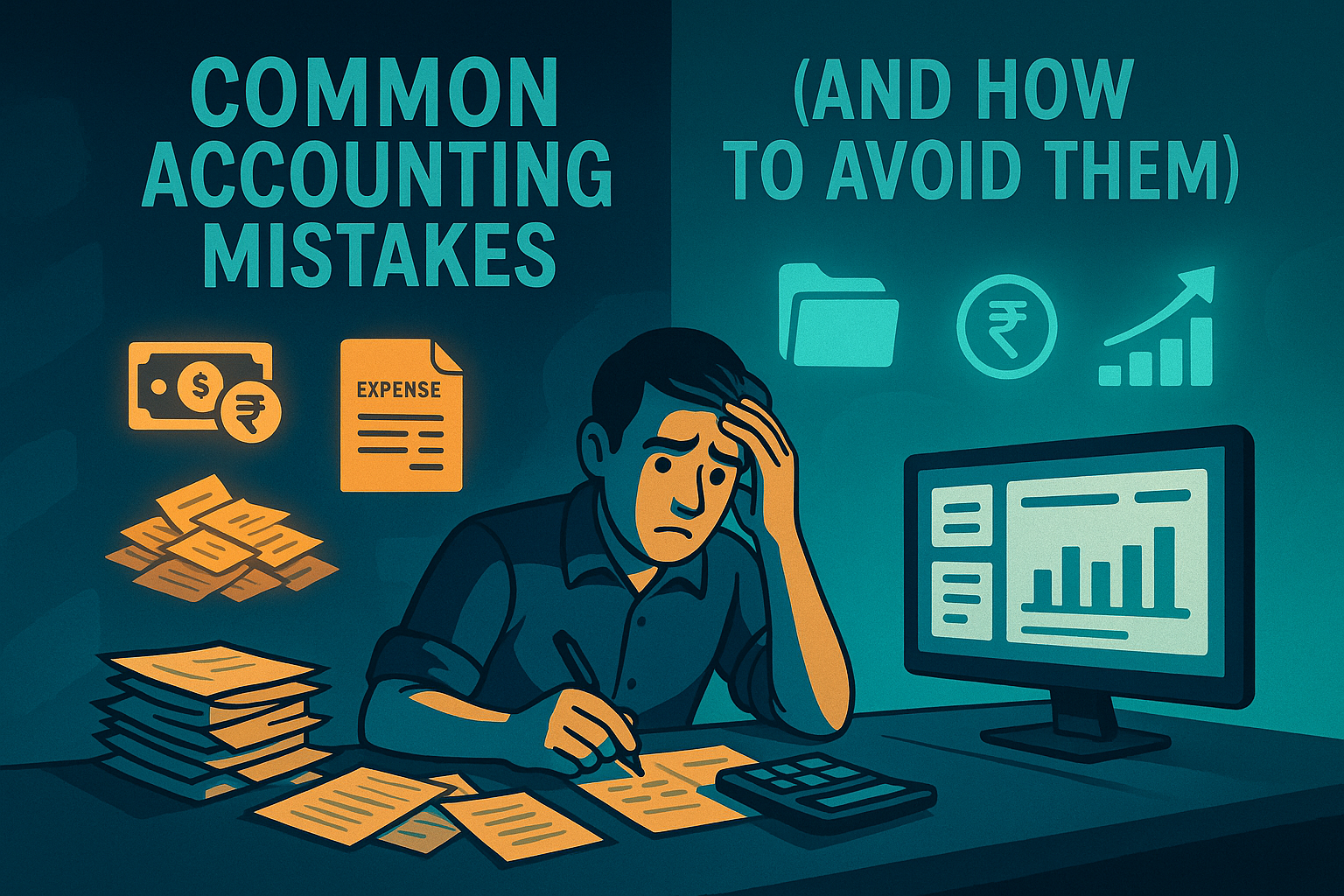 Small business owner overwhelmed by accounting mistakes on one side and using a digital financial dashboard to manage accounts accurately on the othe