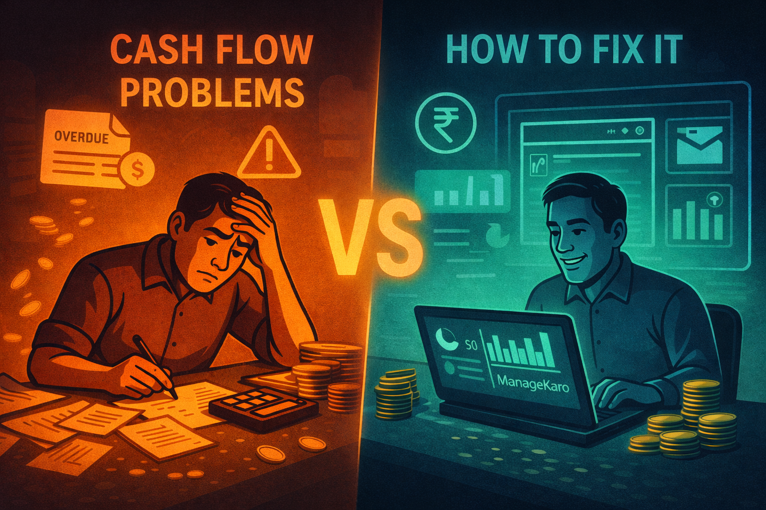 Small business owner facing cash flow problems on one side and fixing cash flow using ManageKaro’s financial dashboard on the other