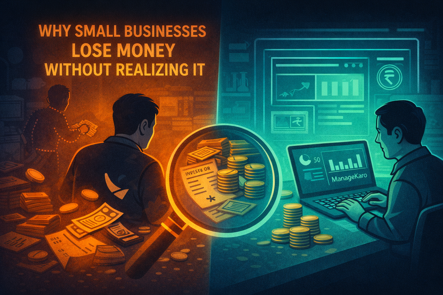 Small business owner losing money due to hidden expenses on one side and managing finances clearly with a digital dashboard on the other