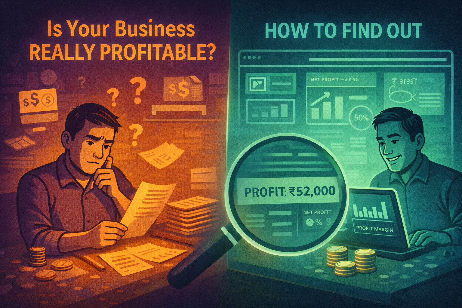 Small business owner comparing confusion about profitability with clear profit insights using a digital financial dashboard