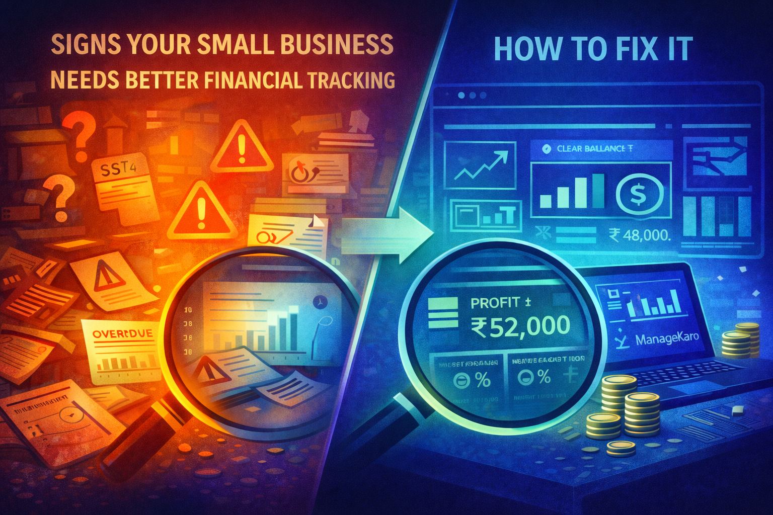 Split-scene illustration showing chaotic financial tracking with paperwork and alerts on one side and clear profit dashboards and organized finances on the other