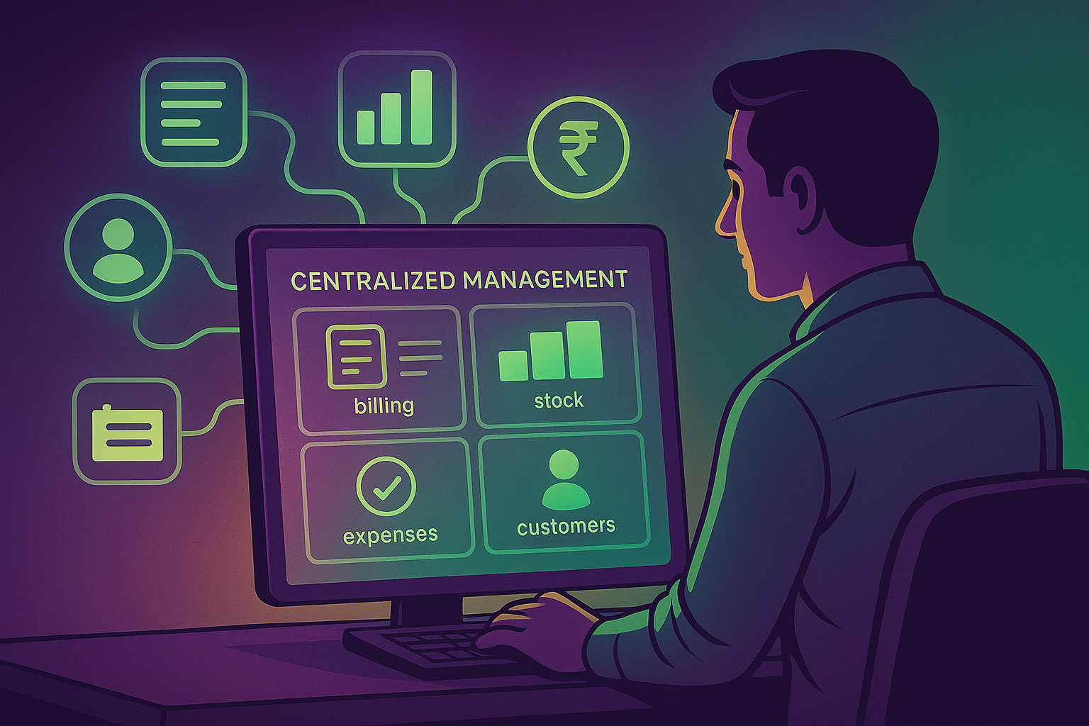 Small business owner using a centralized management dashboard with billing, stock, expenses, and customer modules connected through glowing green sync lines in a purple–green cinematic theme