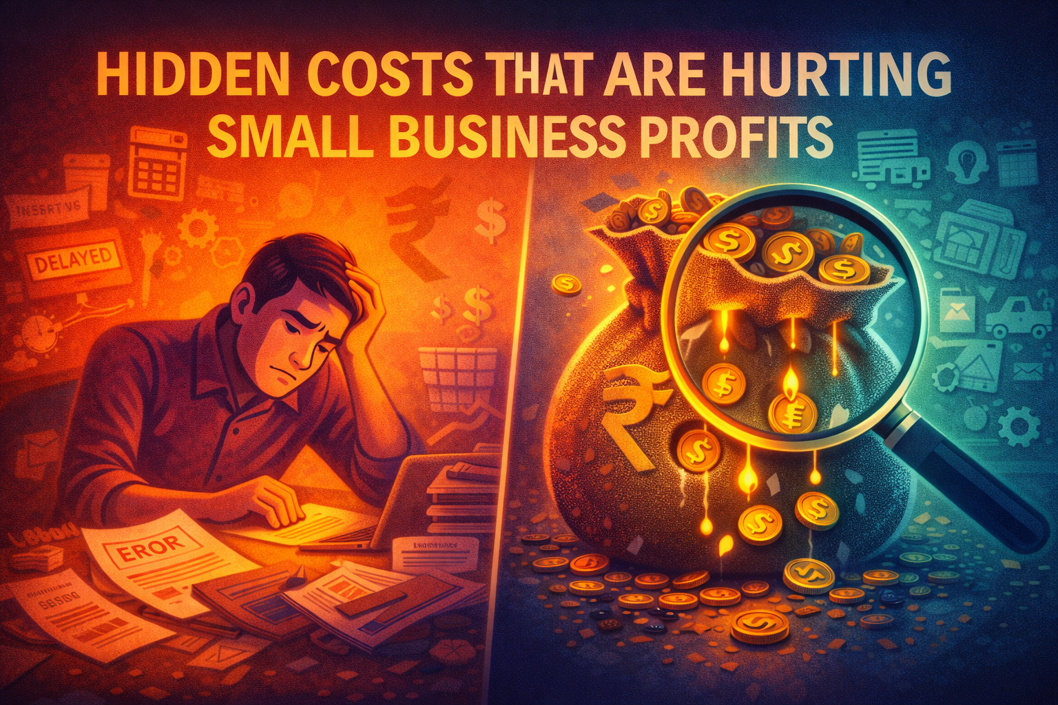 Split-scene illustration showing hidden costs draining small business profits, with paperwork chaos on one side and leaking money revealed through a magnifying glass on the other