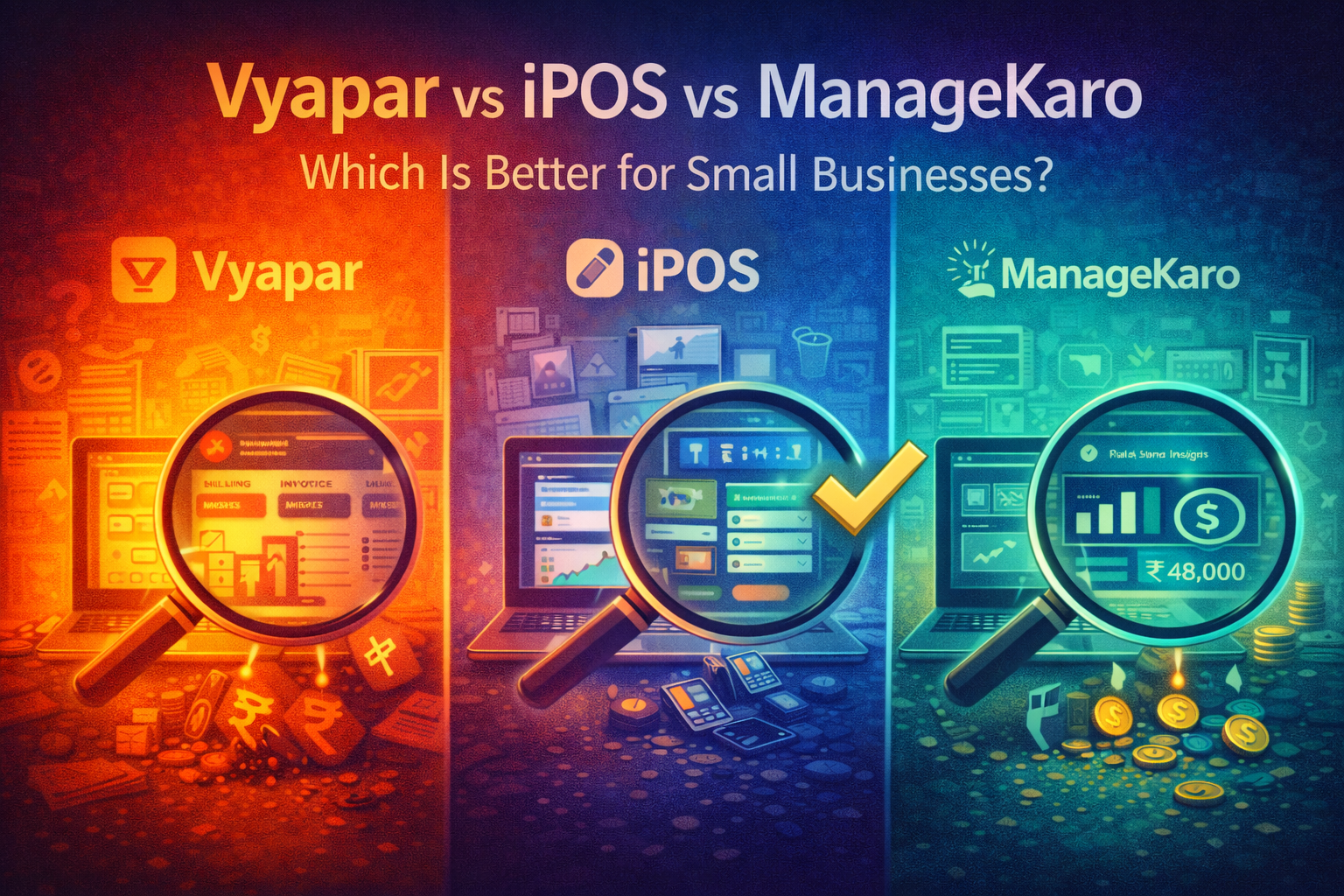 Vyapar vs iPOS vs ManageKaro comparison showing billing, POS, and business management dashboards for small businesses