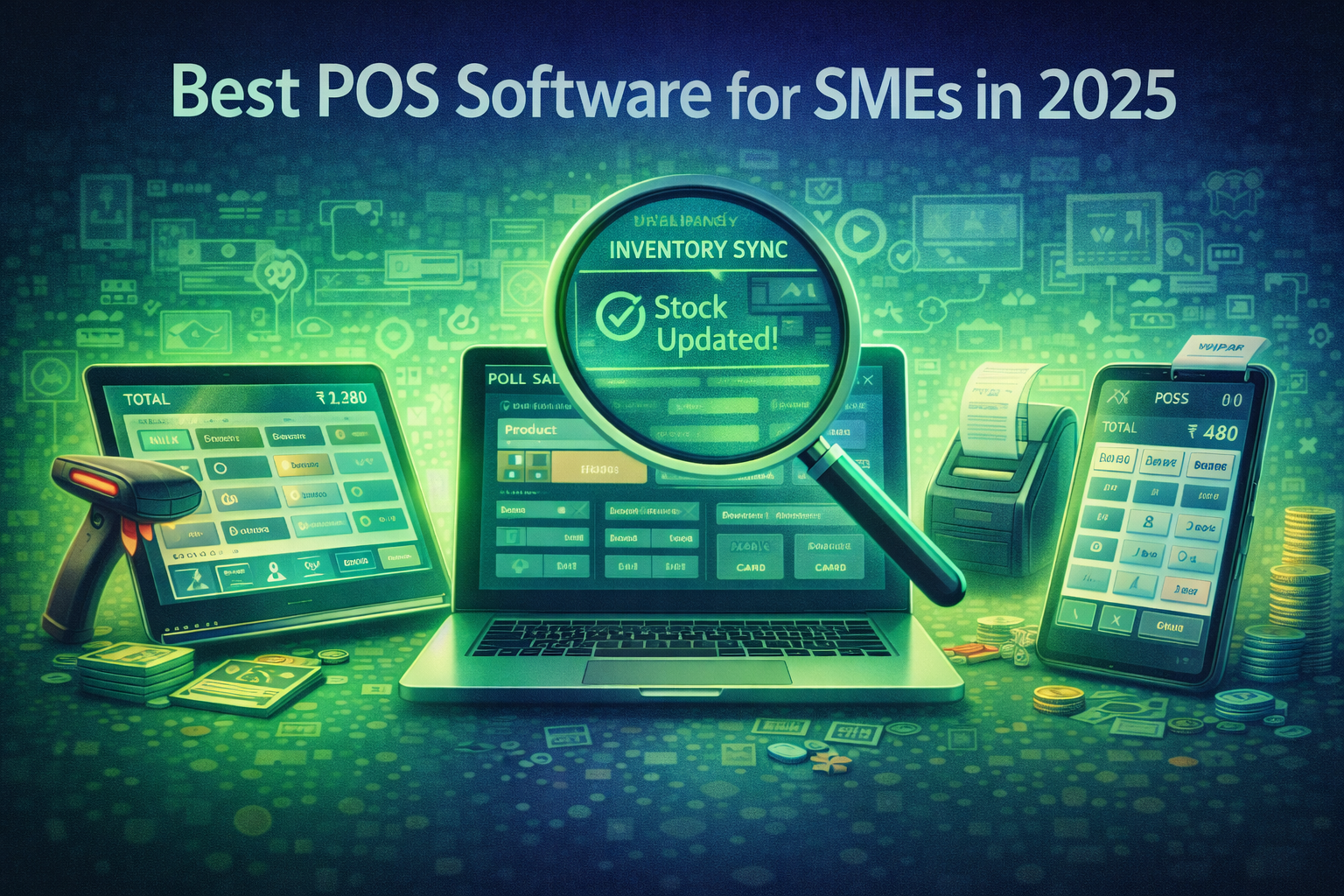 Best POS software for SMEs showing modern billing screens, inventory sync, and payment dashboards in green, white, and indigo tones