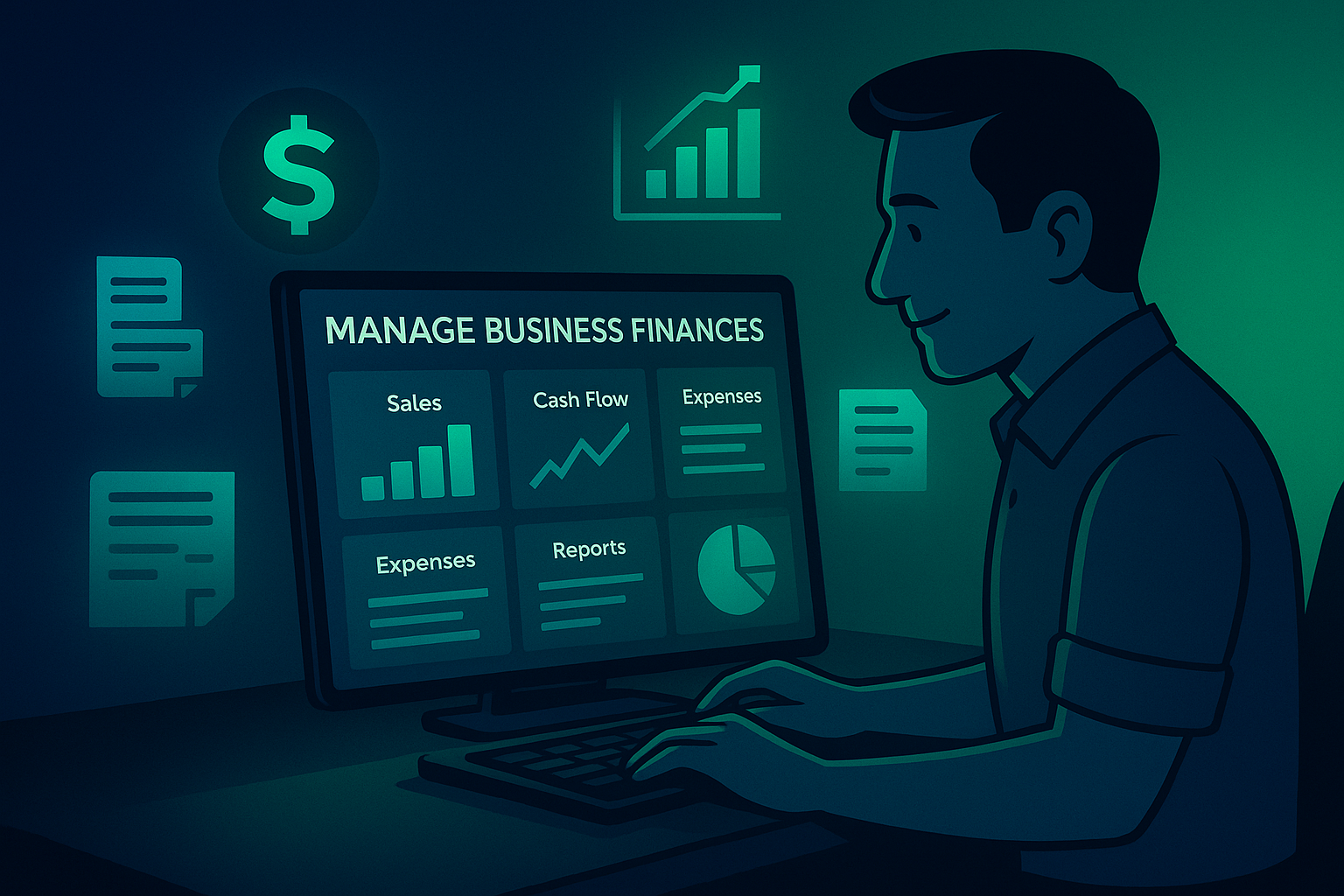 Small business owner managing business finances on a glowing ManageKaro dashboard with neon blue–green charts and financial icons
