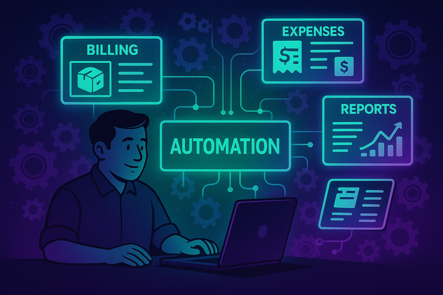 Small business owner using automation dashboards for billing, expenses, and reports on ManageKaro in a teal–purple neon cinematic theme