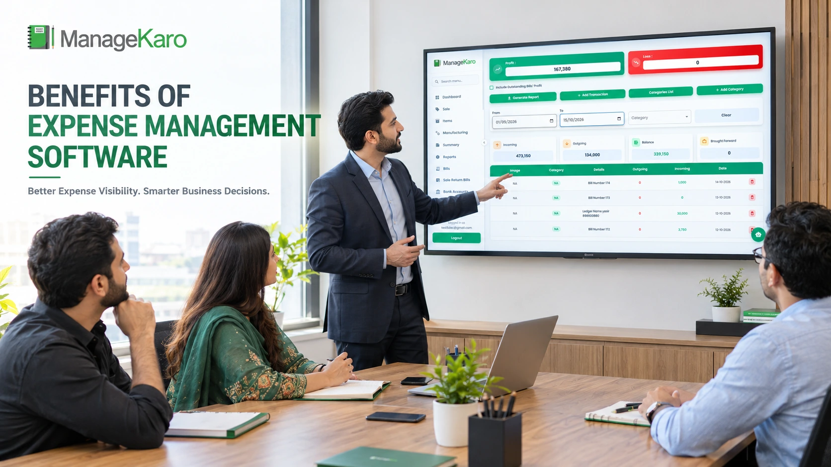 Business owners reviewing financial reports on a ManageKaro expense management dashboard during a meeting.