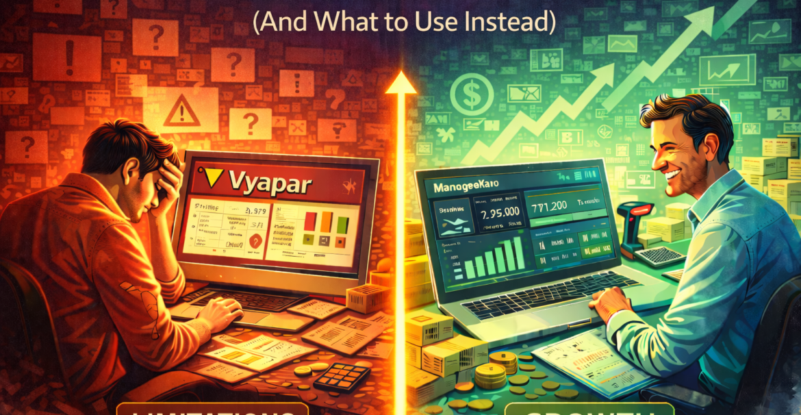 Vyapar limitations for growing SMEs shown through a split-screen illustration with operational struggles on one side and scalable business growth on the other