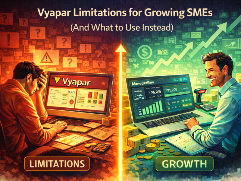 Vyapar limitations for growing SMEs shown through a split-screen illustration with operational struggles on one side and scalable business growth on the other