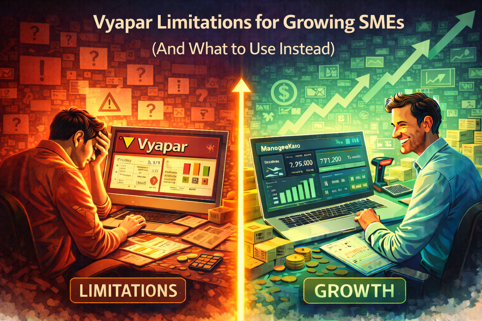 Vyapar limitations for growing SMEs shown through a split-screen illustration with operational struggles on one side and scalable business growth on the other