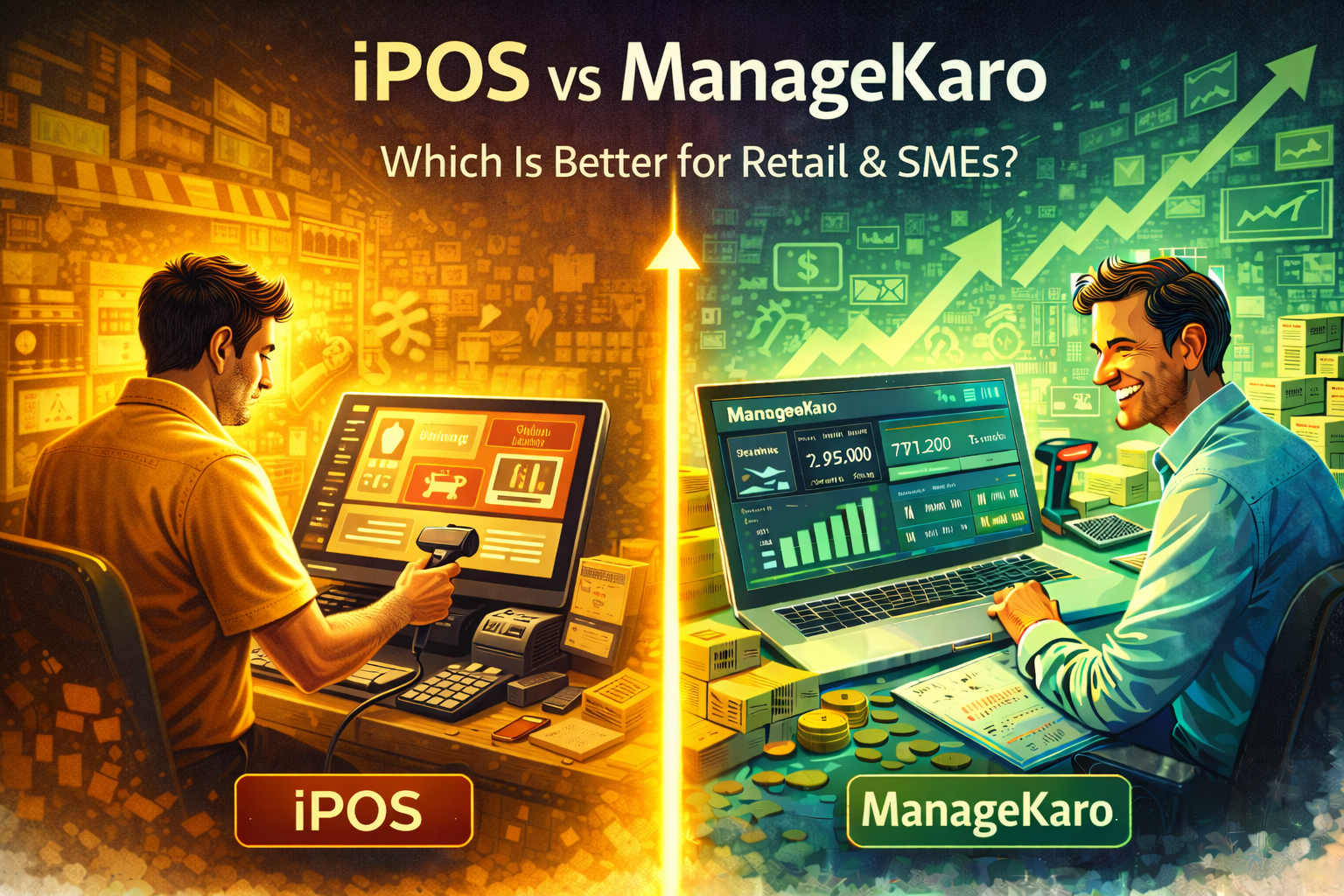 iPOS vs ManageKaro comparison showing a yellow-themed retail POS system contrasted with a green growth-focused business dashboard for SMEs