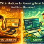 iPOS limitations for growing retail and SMEs shown through a split-screen comparison of billing struggles versus business growth dashboards
