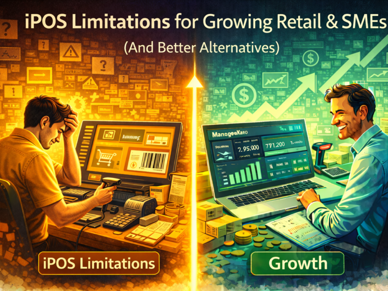 iPOS limitations for growing retail and SMEs shown through a split-screen comparison of billing struggles versus business growth dashboards