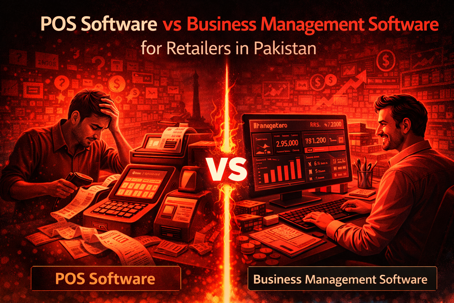 POS software versus business management software comparison for retailers in Pakistan, showing checkout speed on one side and full business control dashboards on the other