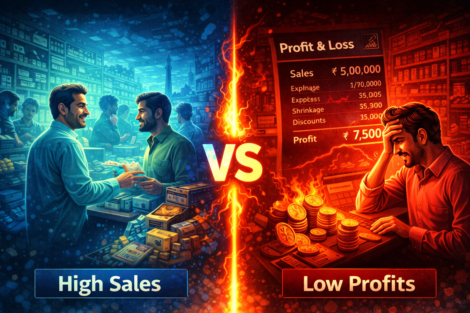 High sales versus low profits in retail shown through a split-screen illustration with a busy shop on one side and stressed business owner reviewing losses on the other