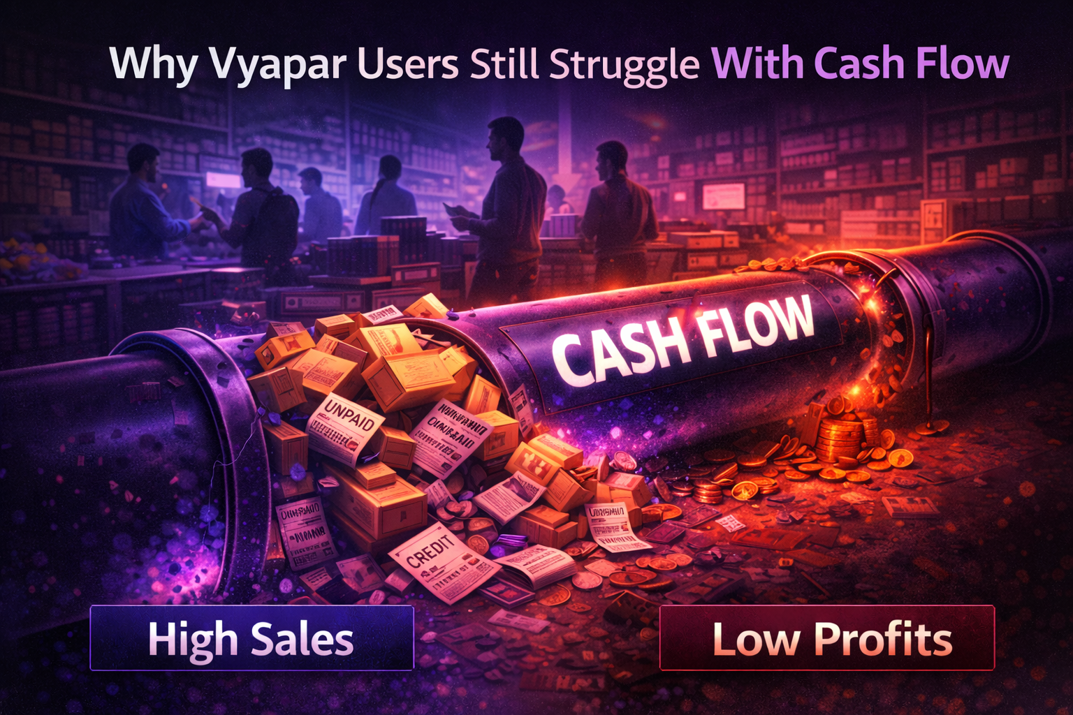 Why Vyapar users struggle with cash flow shown through a blocked cash flow pipeline filled with unpaid invoices, inventory boxes, and credit notes in a retail setting