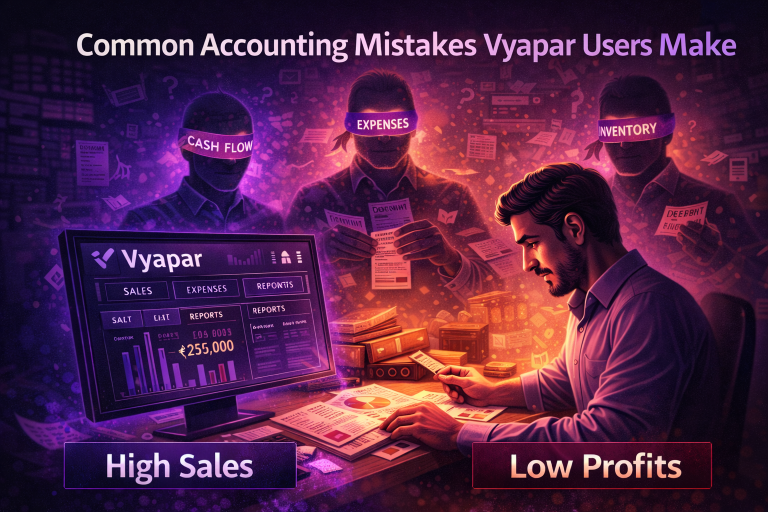 Common accounting mistakes Vyapar users make illustrated through blind spots in cash flow, expenses, and inventory inside a retail business environment