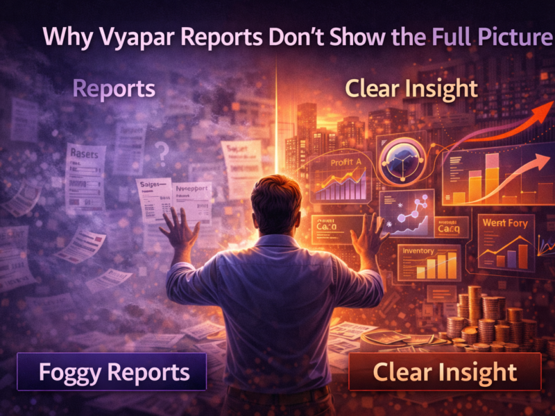Why Vyapar reports don’t show the full picture, illustrated by foggy business reports on one side and clear financial insights on the other