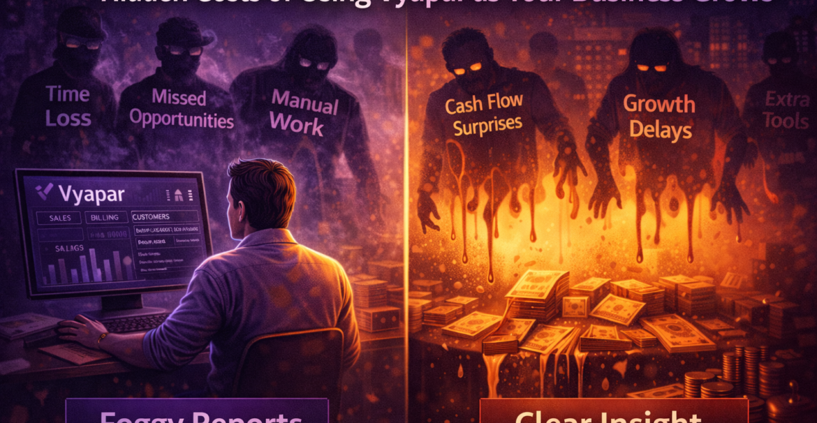 Why Vyapar reports don’t show the full picture, illustrated by foggy business reports on one side and clear financial insights on the other