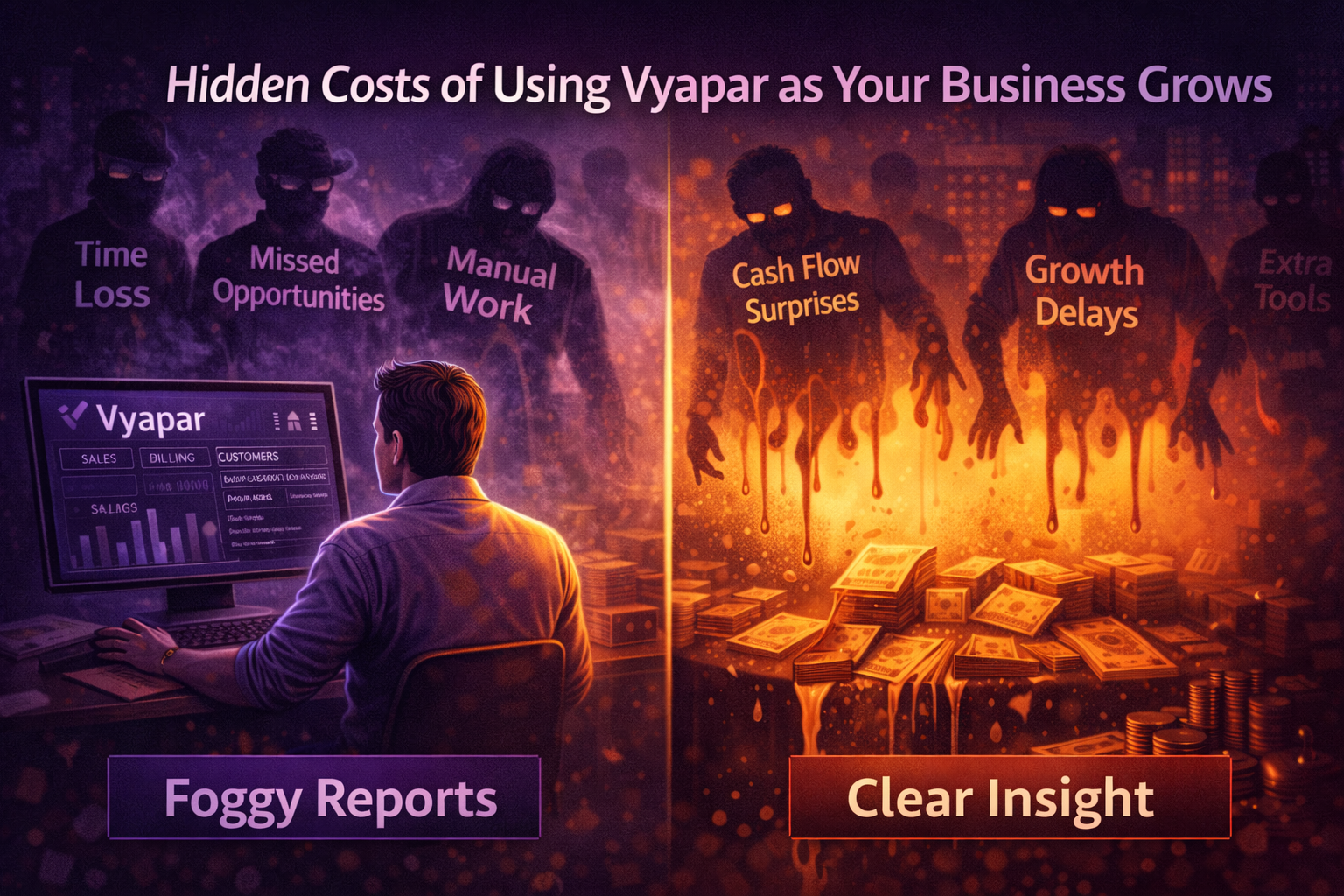 Why Vyapar reports don’t show the full picture, illustrated by foggy business reports on one side and clear financial insights on the other