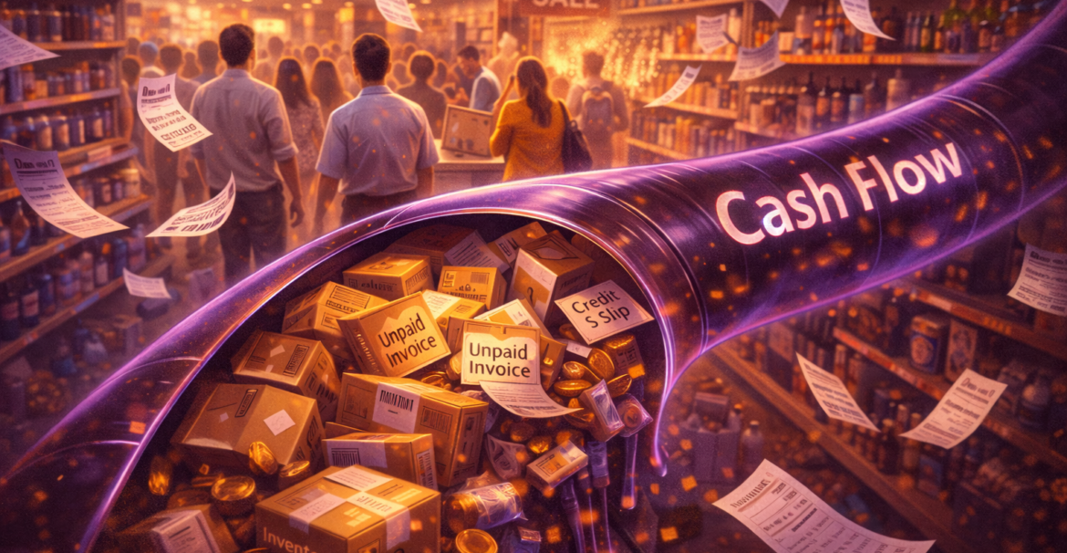 Blocked cash flow in a retail store shown as a clogged pipeline filled with unpaid invoices, inventory boxes, and credit slips despite high customer sales