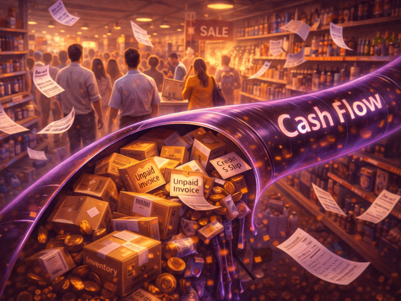 Blocked cash flow in a retail store shown as a clogged pipeline filled with unpaid invoices, inventory boxes, and credit slips despite high customer sales