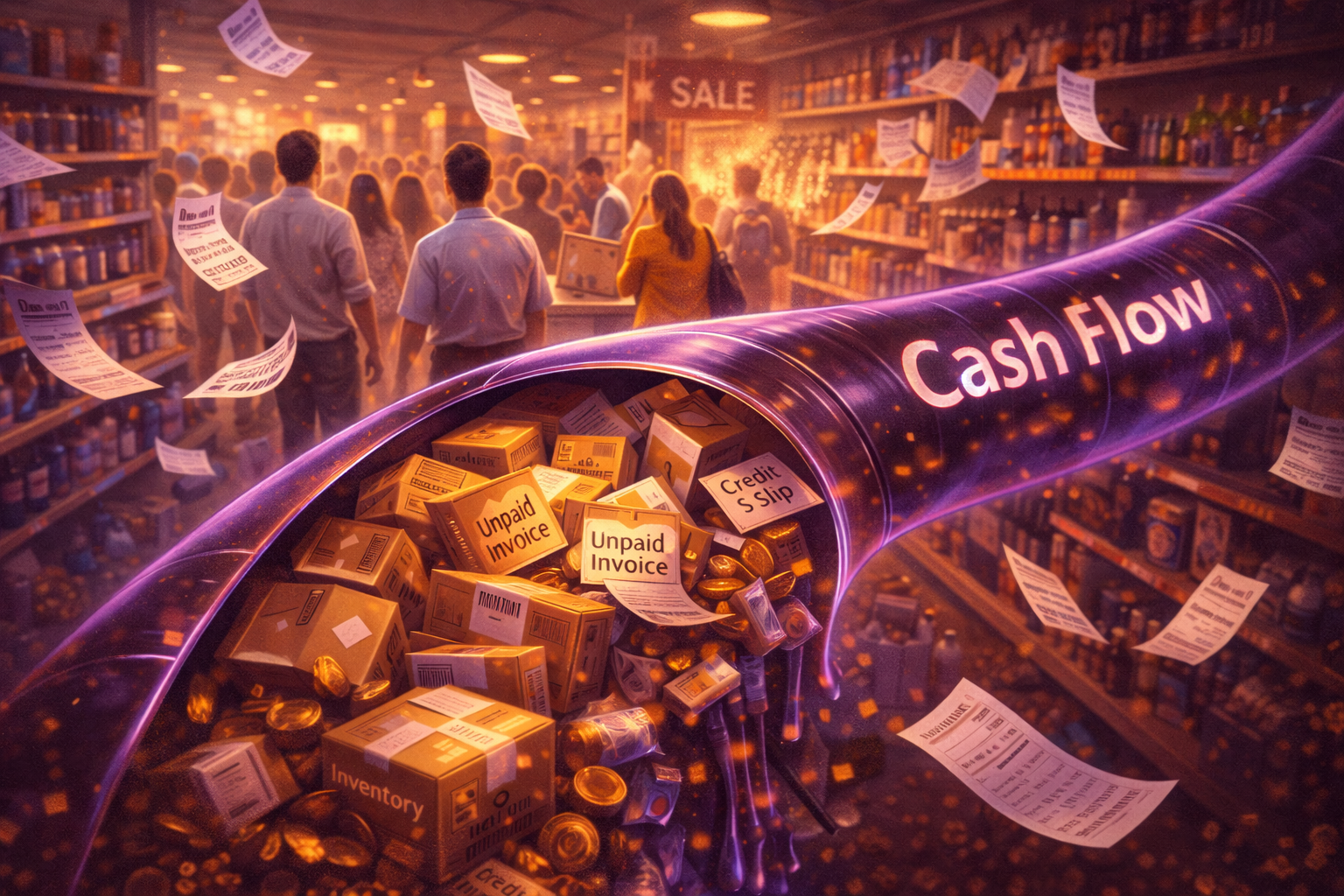 Blocked cash flow in a retail store shown as a clogged pipeline filled with unpaid invoices, inventory boxes, and credit slips despite high customer sales