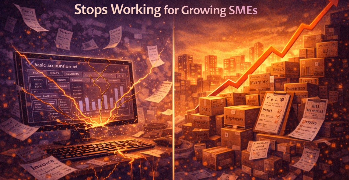 When basic accounting software stops working for growing SMEs, shown by a broken system overwhelmed by invoices and expanding business operations