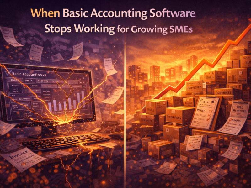 When basic accounting software stops working for growing SMEs, shown by a broken system overwhelmed by invoices and expanding business operations