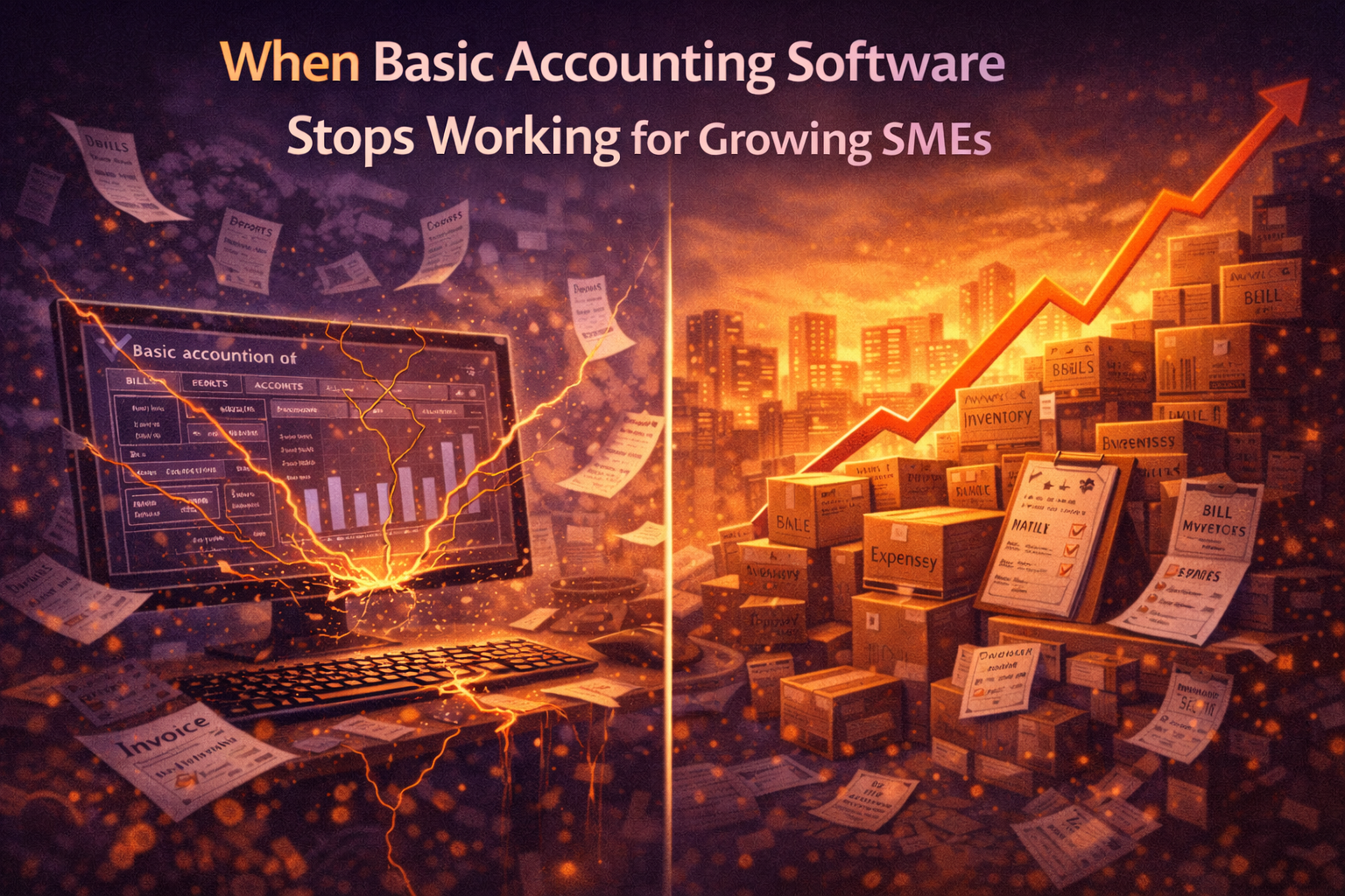 When basic accounting software stops working for growing SMEs, shown by a broken system overwhelmed by invoices and expanding business operations