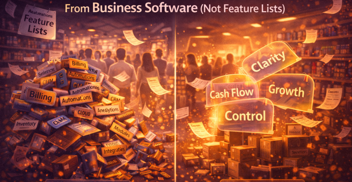 What growing SMEs actually need from business software shown through a busy retail store with flowing customers and flying sales receipts
