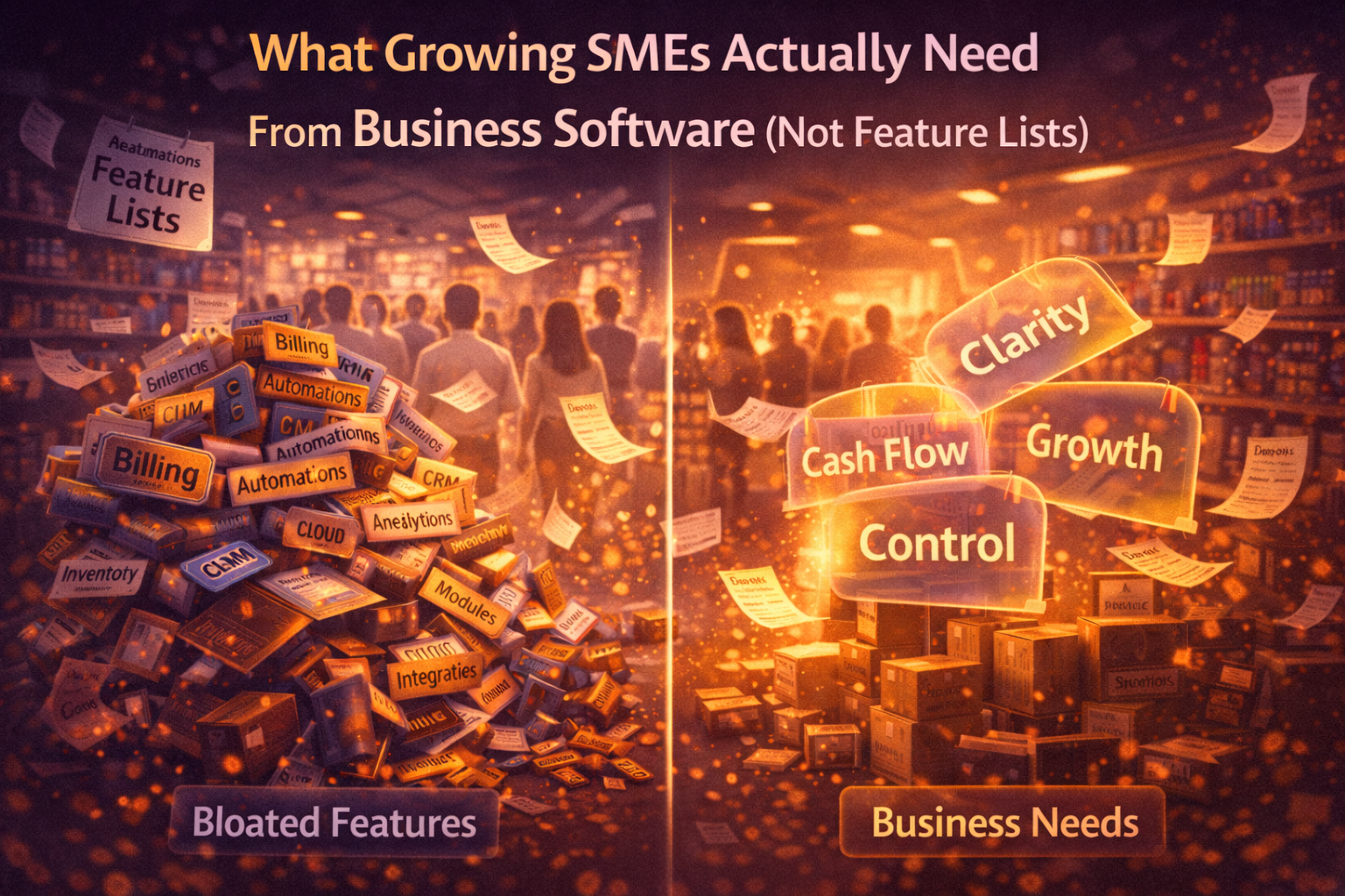 What growing SMEs actually need from business software shown through a busy retail store with flowing customers and flying sales receipts