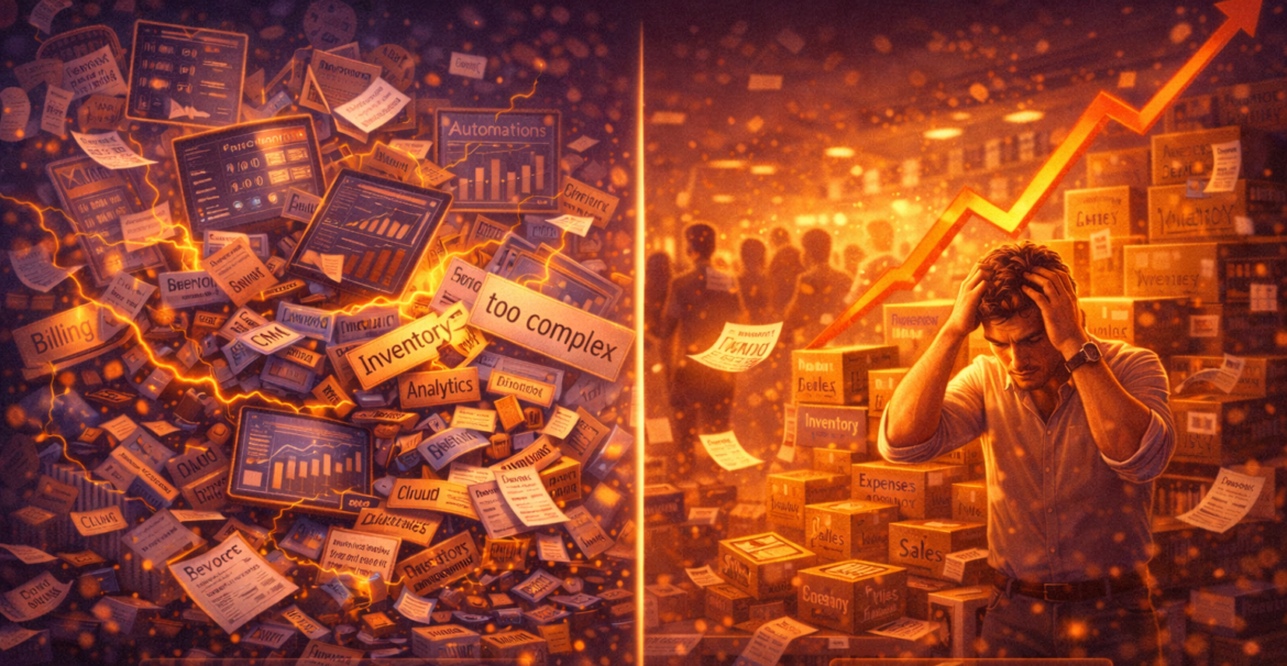 Why feature-rich software still fails SMEs shown through overwhelming software features on one side and a stressed business owner managing growth challenges on the other