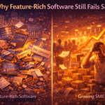 Why feature-rich software still fails SMEs shown through overwhelming software features on one side and a stressed business owner managing growth challenges on the other