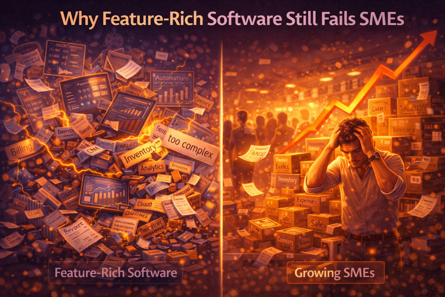 Why feature-rich software still fails SMEs shown through overwhelming software features on one side and a stressed business owner managing growth challenges on the other