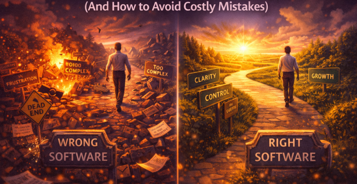 How SMEs choose the wrong business software versus the right one, shown through a split scene of a chaotic path and a clear growth path