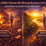 How SMEs choose the wrong business software versus the right one, shown through a split scene of a chaotic path and a clear growth path