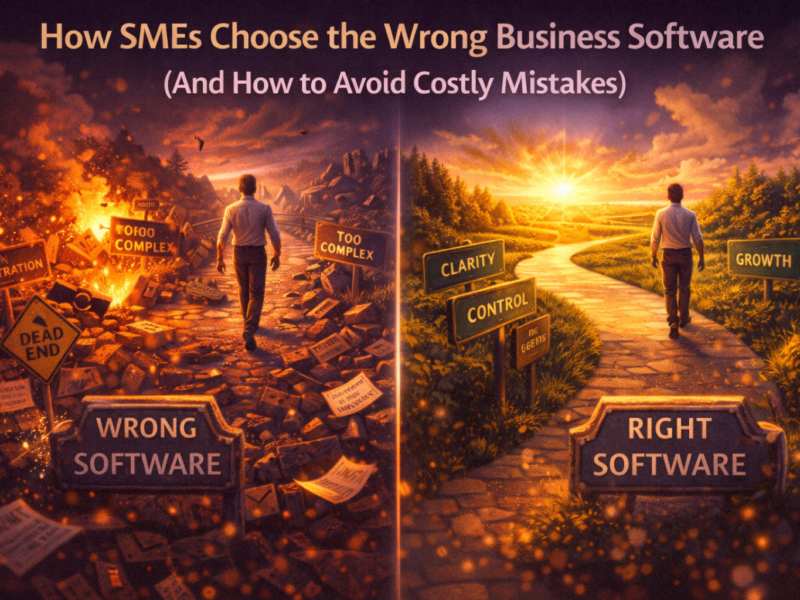 How SMEs choose the wrong business software versus the right one, shown through a split scene of a chaotic path and a clear growth path