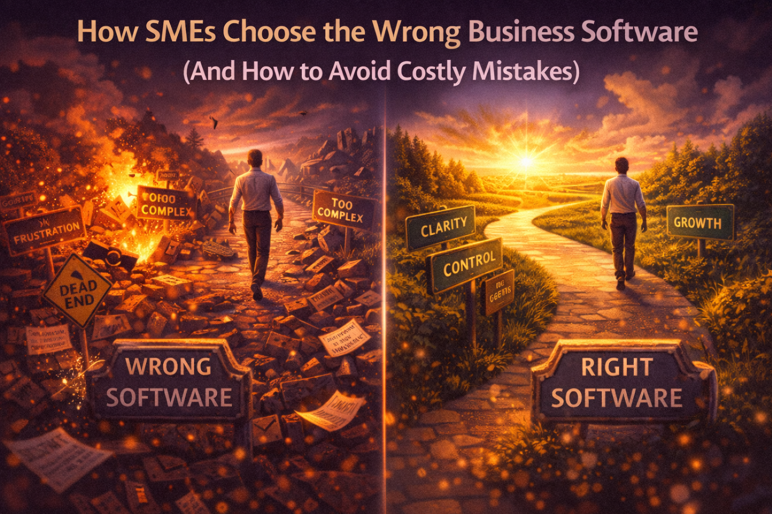 How SMEs choose the wrong business software versus the right one, shown through a split scene of a chaotic path and a clear growth path
