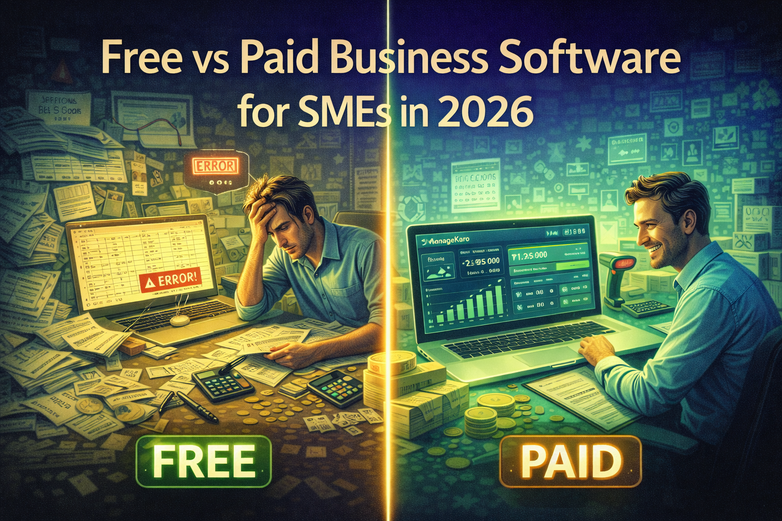 Free vs paid business software for SMEs in 2026 showing manual errors and clutter on one side and automated dashboards with growth insights on the other