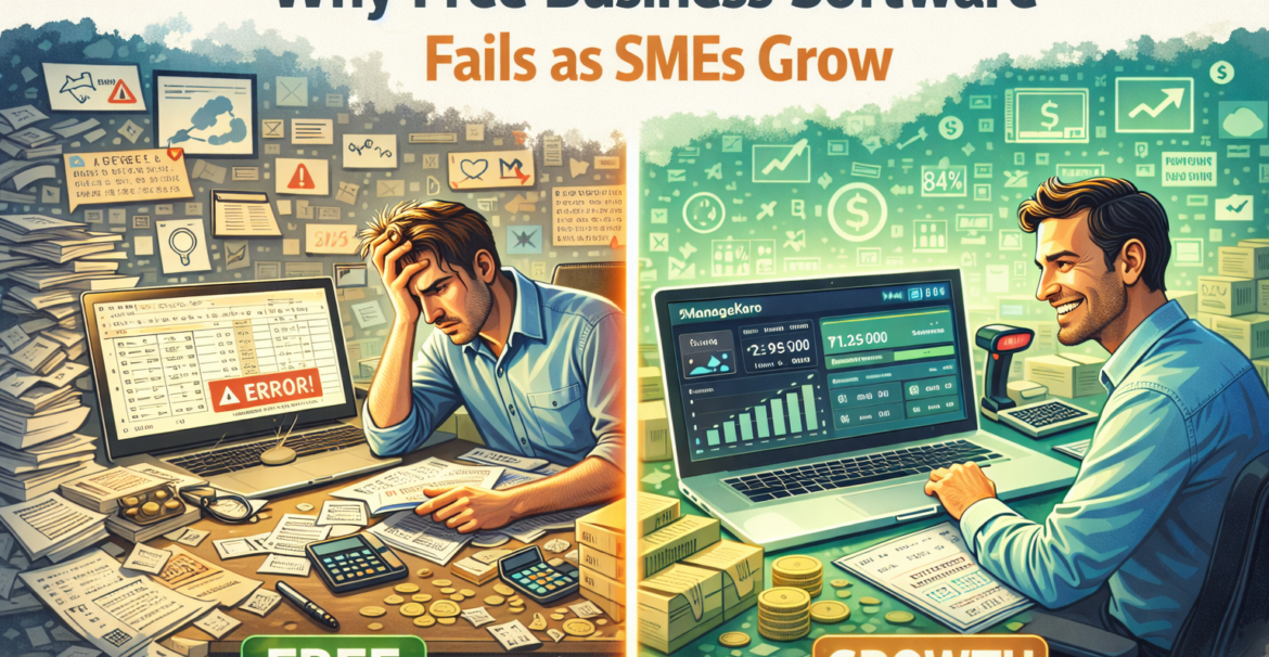 Why free business software fails as SMEs grow, showing chaotic manual work on one side and organized digital growth dashboards on the other