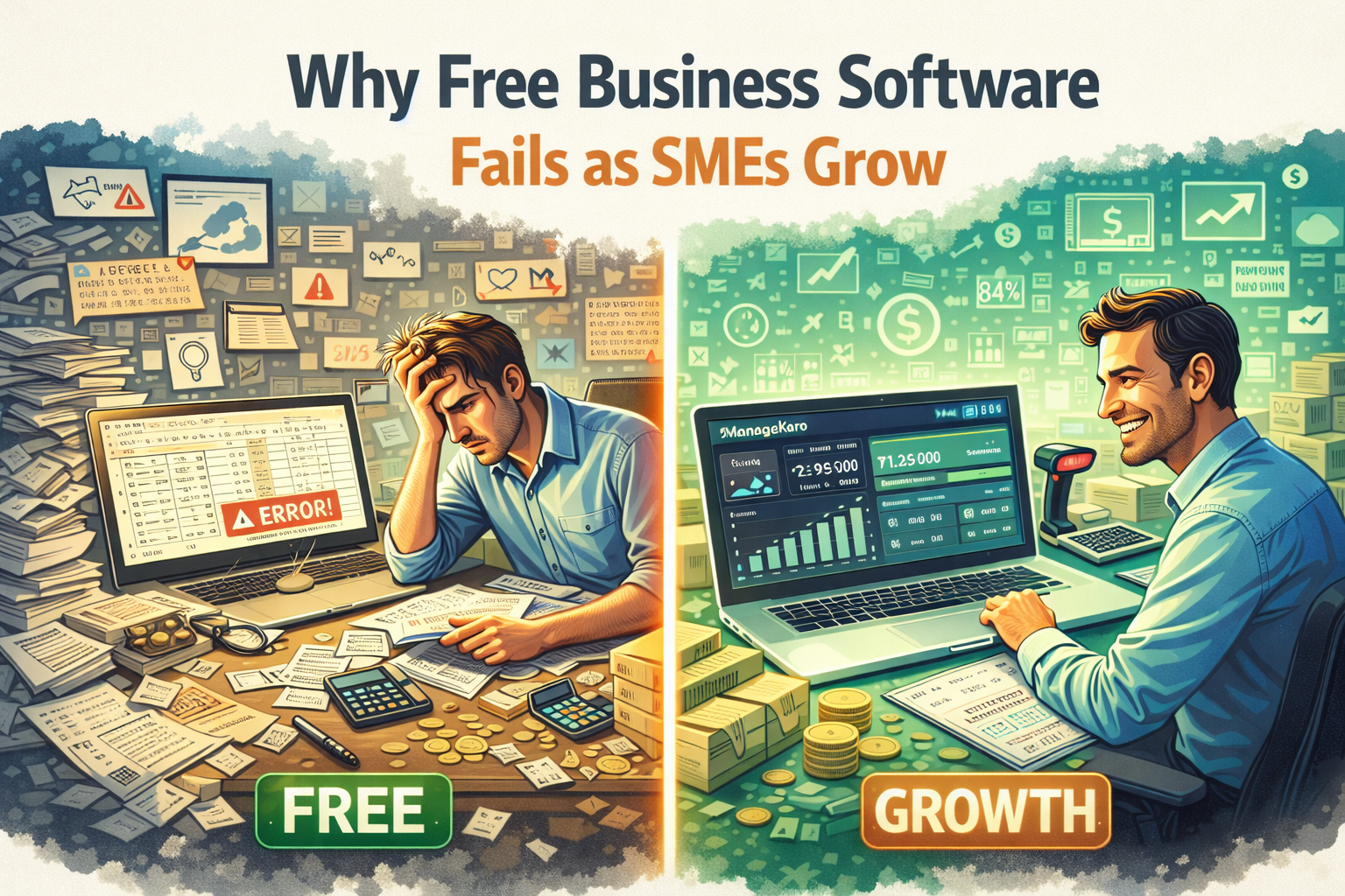 Why free business software fails as SMEs grow, showing chaotic manual work on one side and organized digital growth dashboards on the other