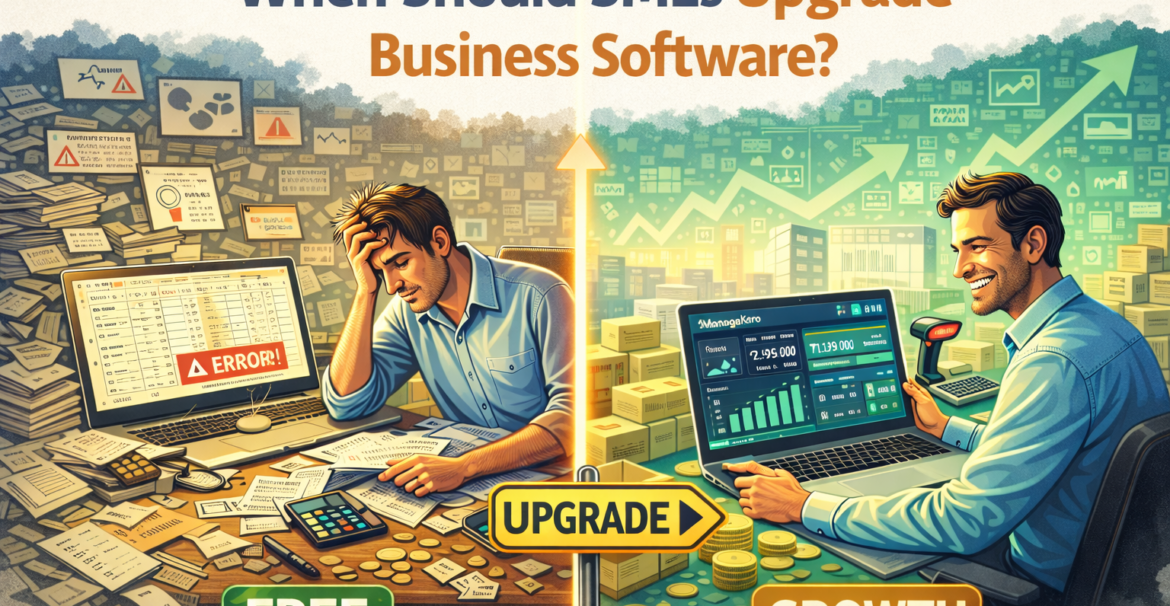 When SMEs should upgrade business software, showing manual errors and paperwork on one side and automated growth dashboards on the other