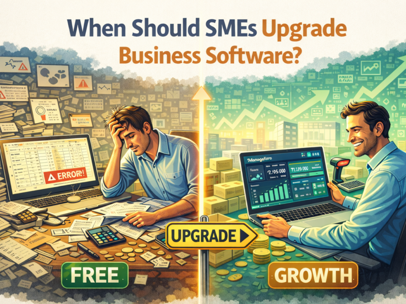 When SMEs should upgrade business software, showing manual errors and paperwork on one side and automated growth dashboards on the other